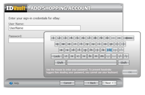 ID Vault on-screen keyboard for securely entering data