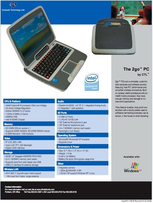 Intel 2go PC specification sheet
